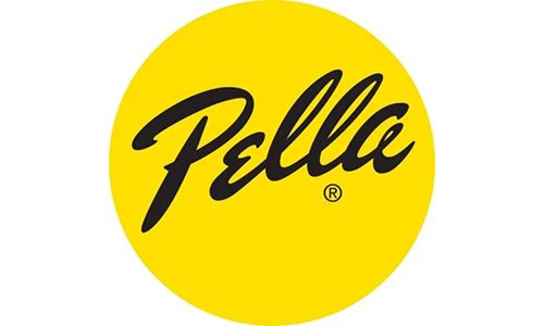 Yellow circle with "Pella" in black script.